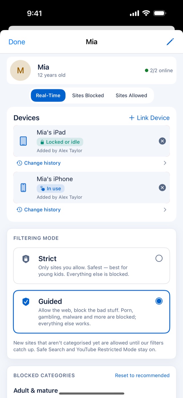 A child's page in the parent app, with her iPhone and iPad