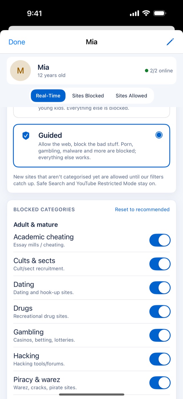 Choosing which categories are blocked for a child