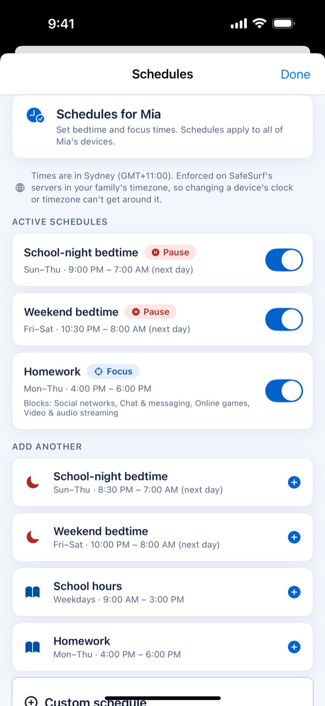 Bedtime and homework schedules for a child