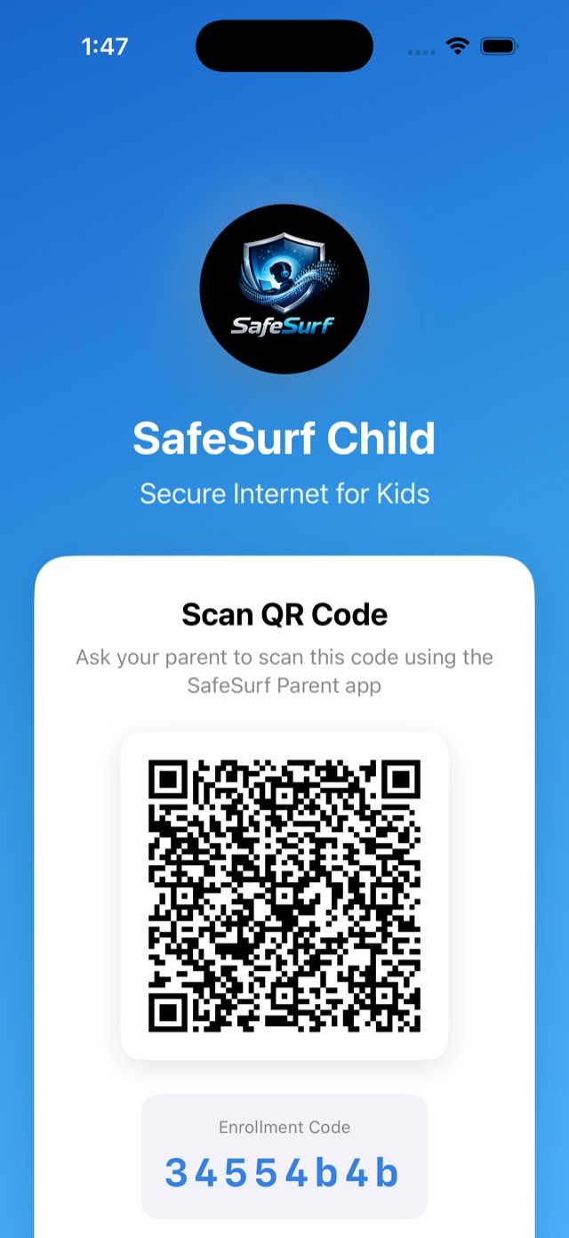A child's iPhone showing the QR code a parent scans to link it