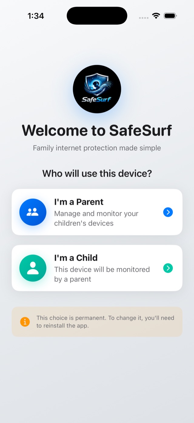 The SafeSurf welcome screen: choose I'm a Parent or I'm a Child